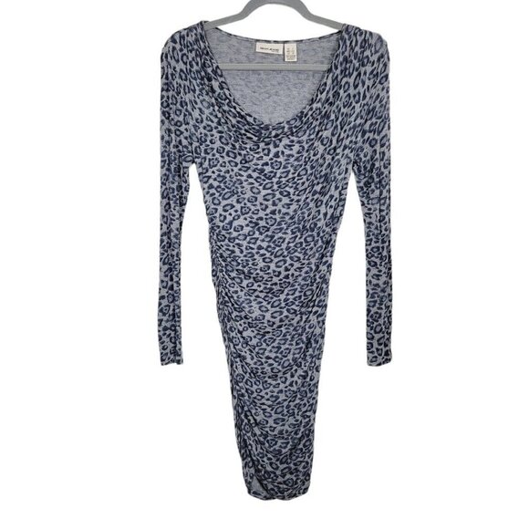 DKNY Leopard Bodycon Dress One Size Petite Gray Ruched Long Sleeves Bus Casual - Picture 1 of 5